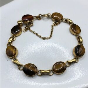 Wells 14k GF Gold Filled Tiger Eye Cabochon Links Bracelet Vintage Safety Chain.
